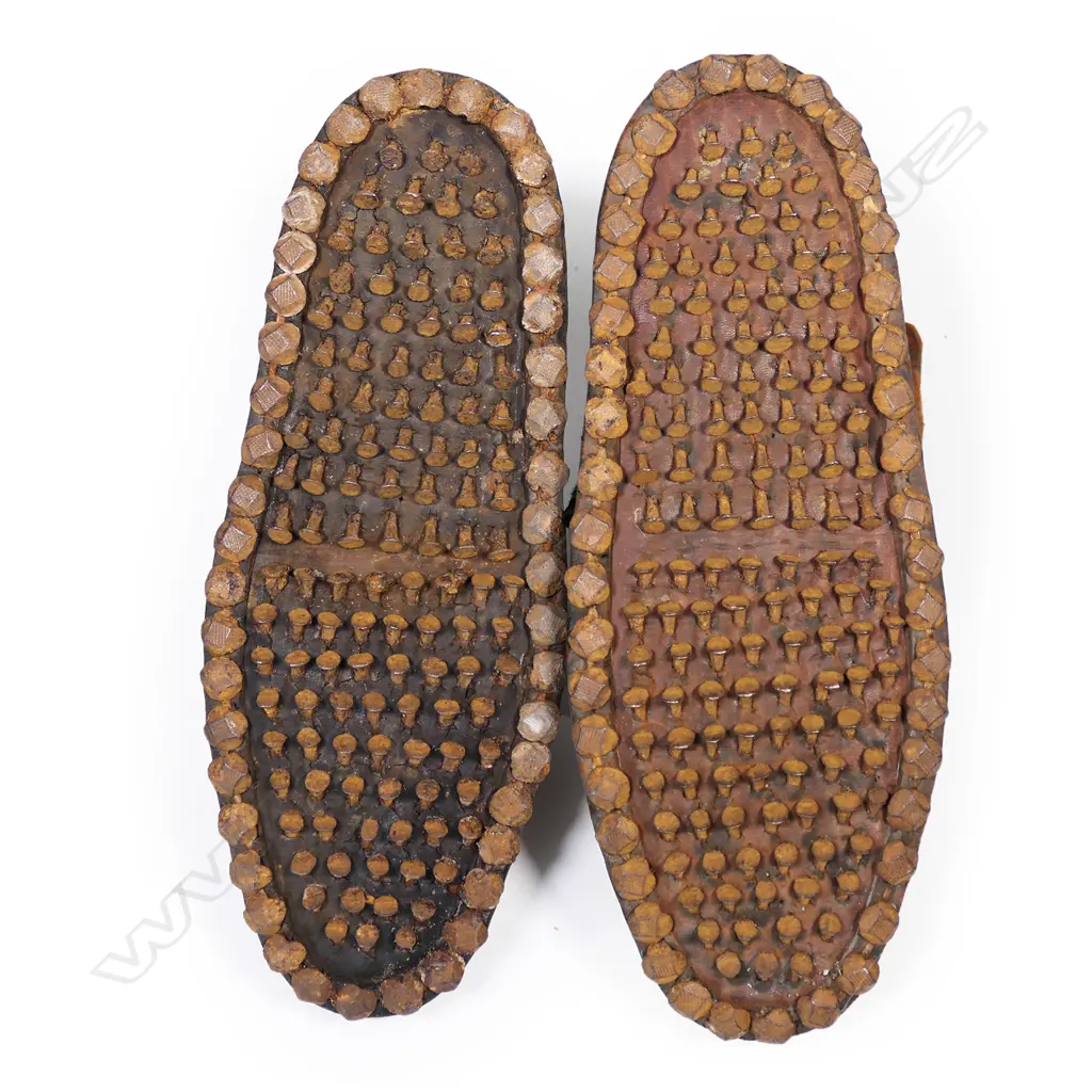 An uncommon pair of 19thC wine stomping boots with hobnail soles. Image 1++