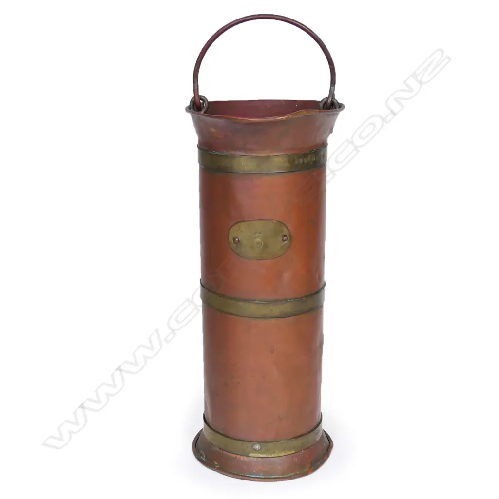 A 19thC copper and brass cylindrical large '5' (gallon) jug measure, Image 1++
