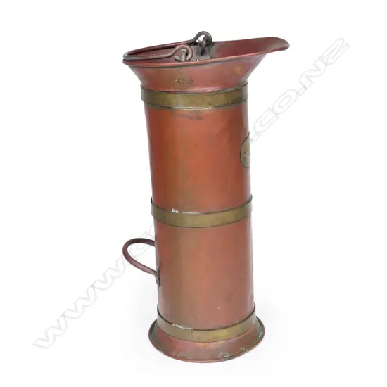 A 19thC copper and brass cylindrical large '5' (gallon) jug measure,