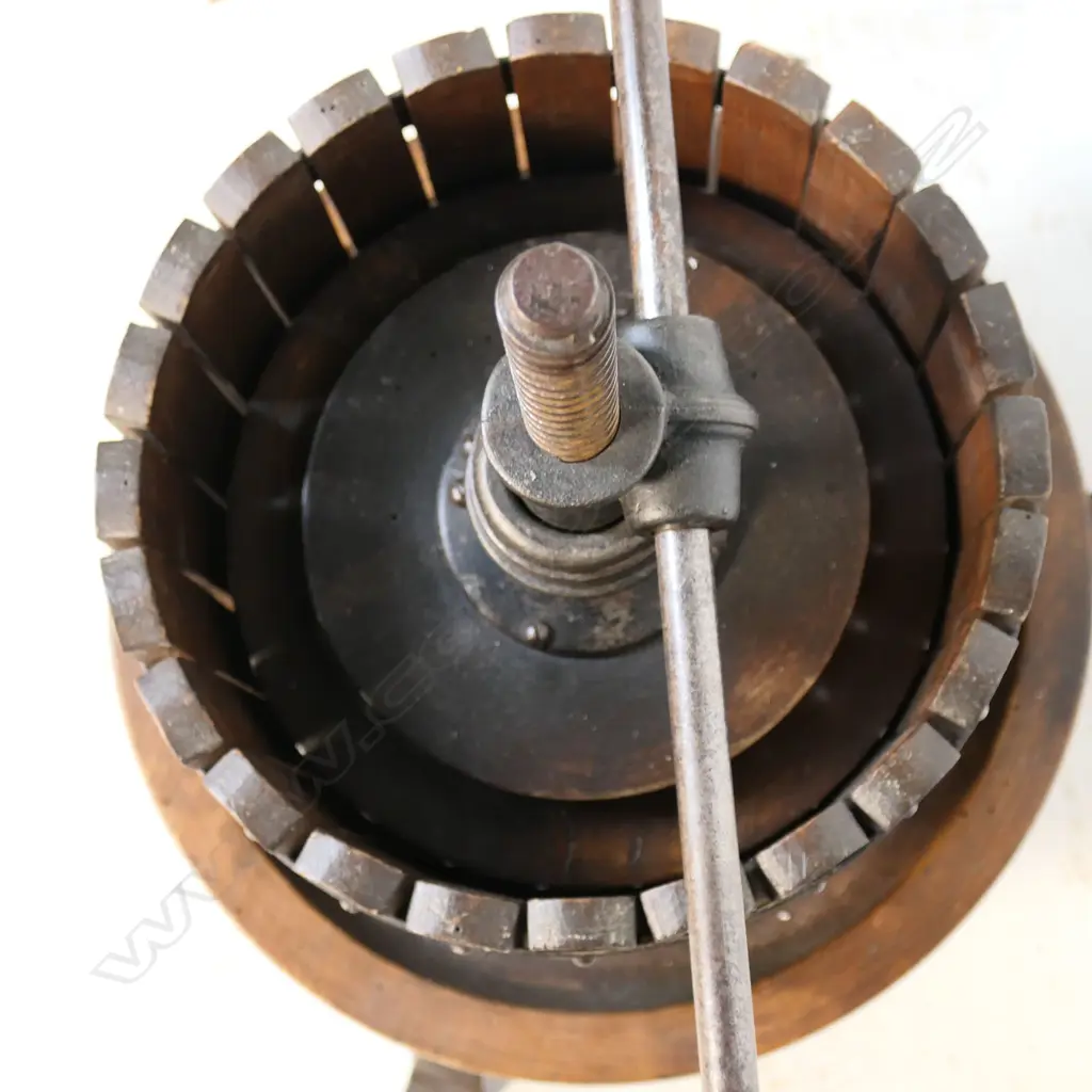 An antique French wine press with exterior slatted wood cage, Image 1++