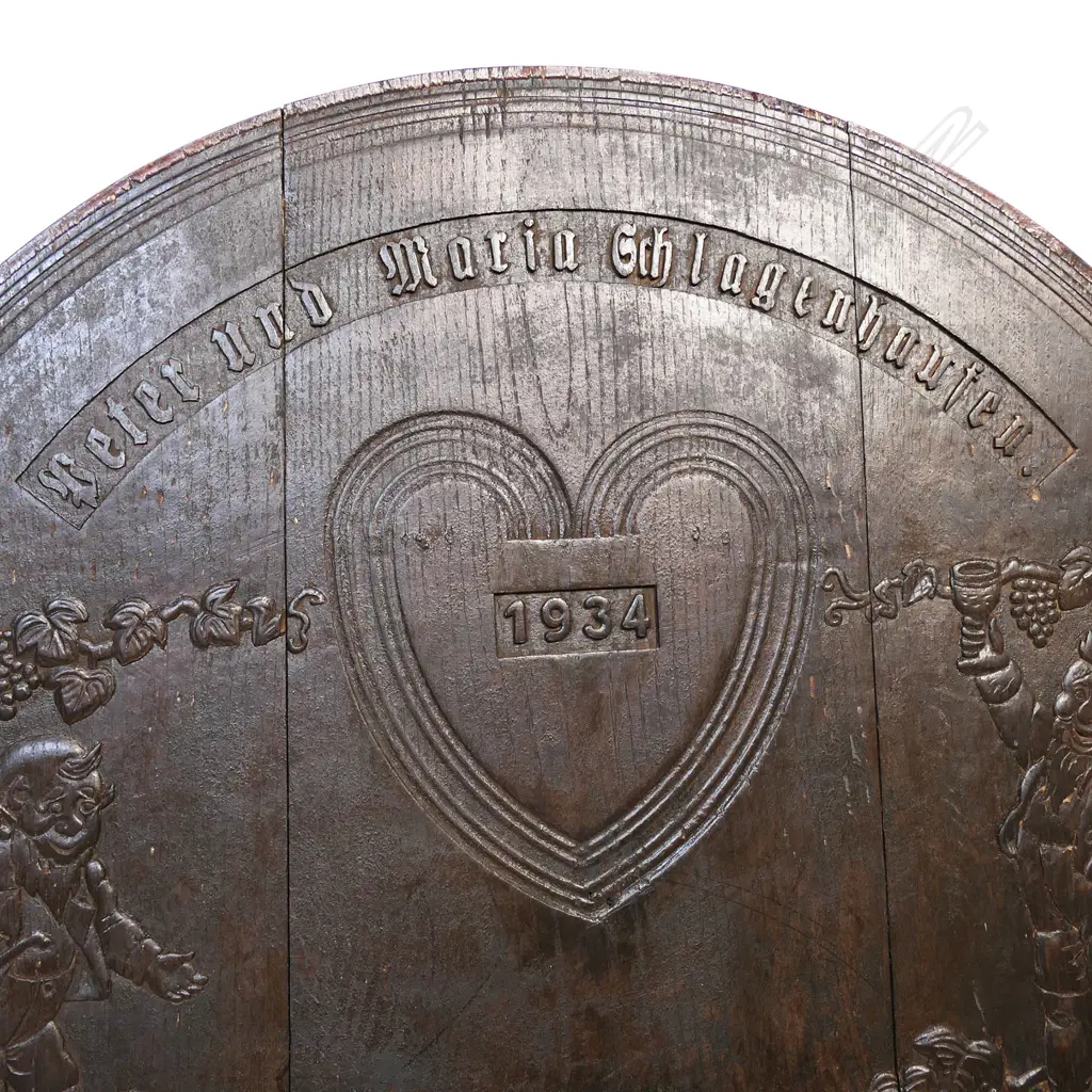A rare 1934 German marriage celebration carved oak barrel end, Image 1++