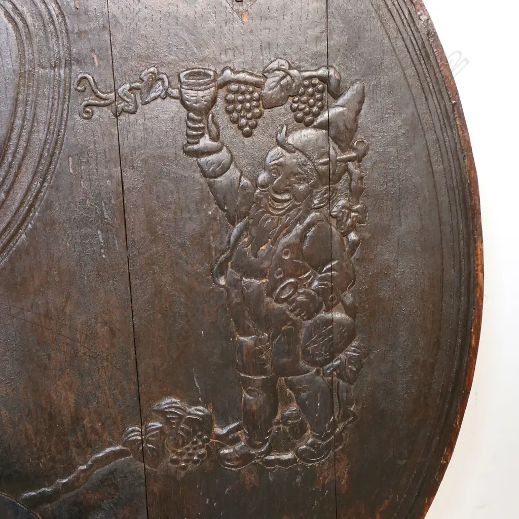 A rare 1934 German marriage celebration carved oak barrel end, Image 1++