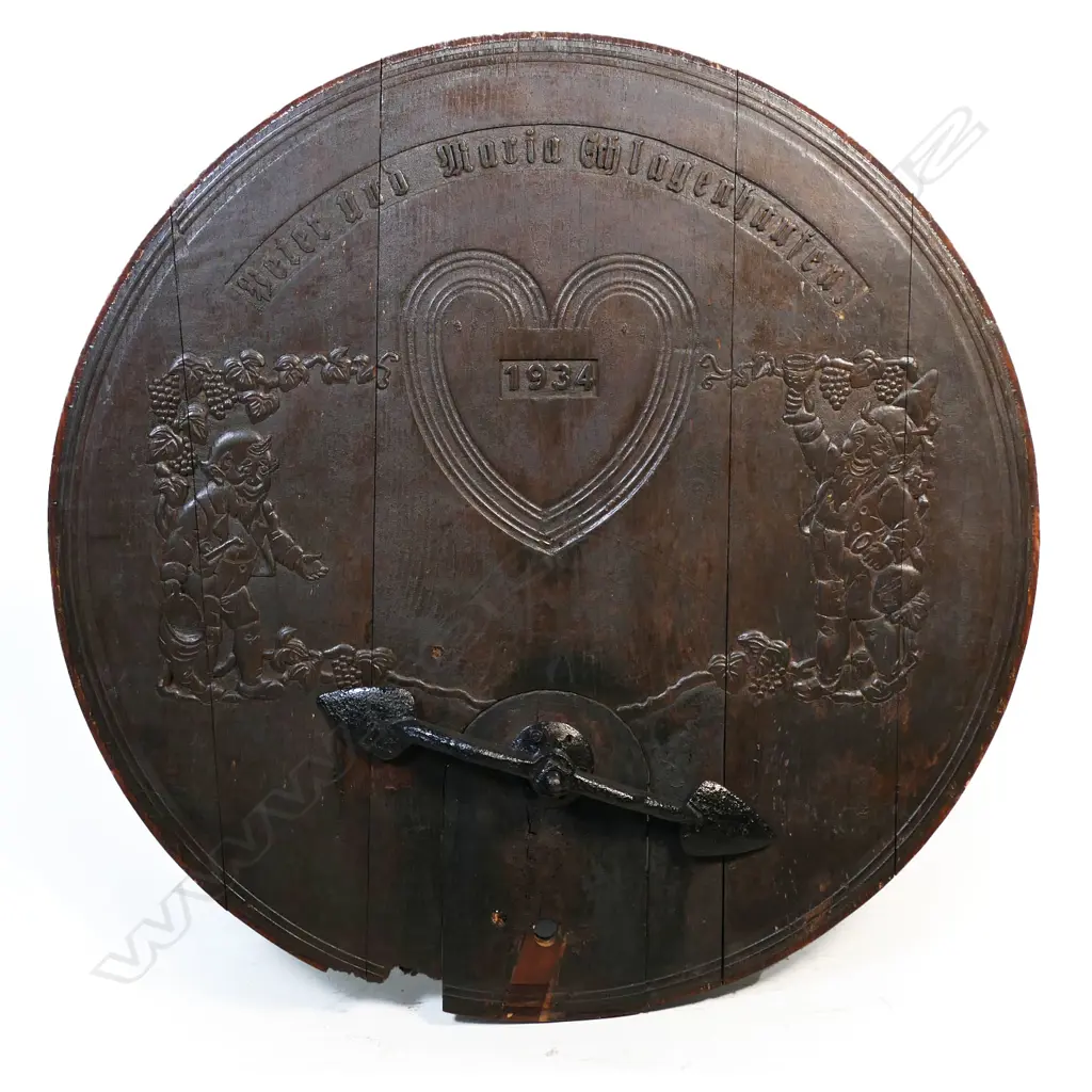 A rare 1934 German marriage celebration carved oak barrel end, Image 1++