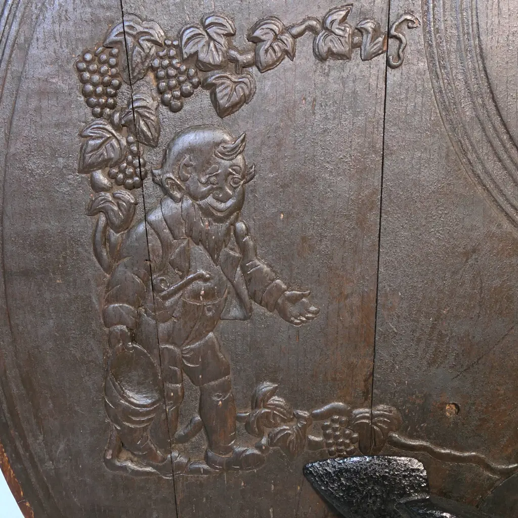 A rare 1934 German marriage celebration carved oak barrel end, Image 1++