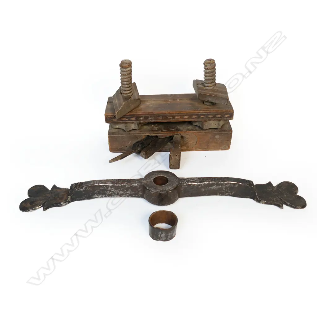 An antique wine barrel latch and old wood plane, Image 1++