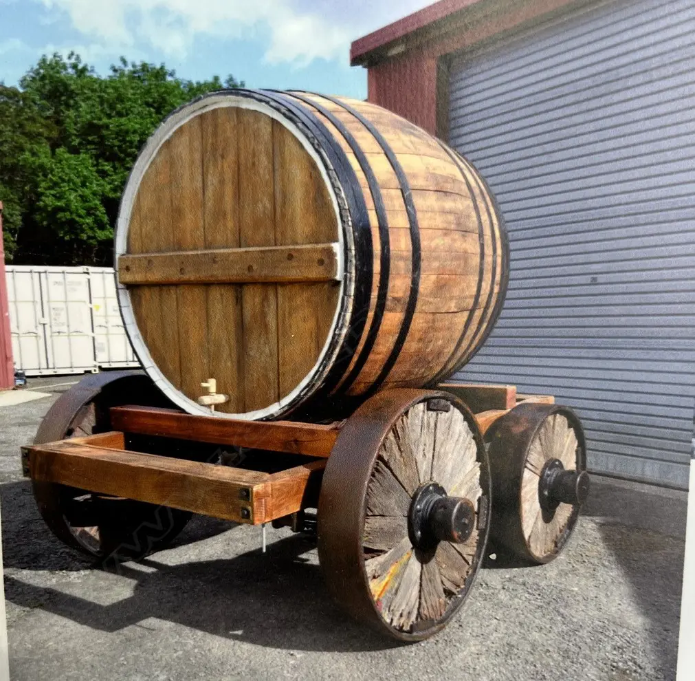 An extra-large 2000 ltr early New Zealand totora promotional barrel on wagon, Image 1++
