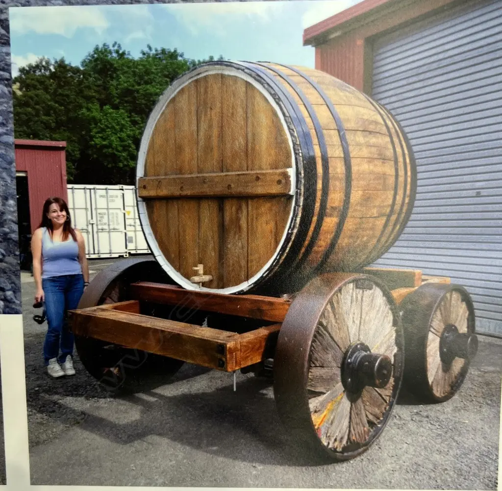 An extra-large 2000 ltr early New Zealand totora promotional barrel on wagon, Image 1++