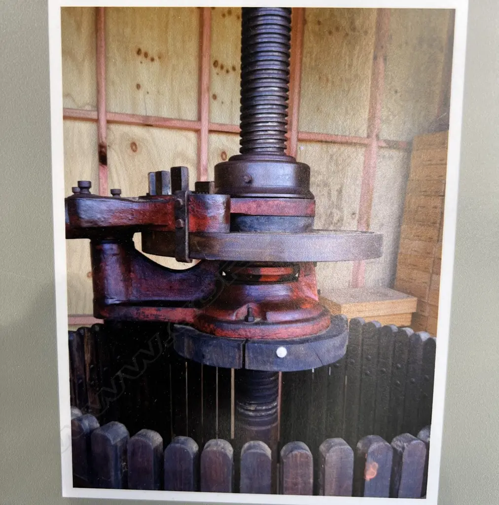 A very large vintage Italian cast iron & wood wine press, Image 1++