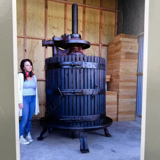 A very large vintage Italian cast iron & wood wine press,