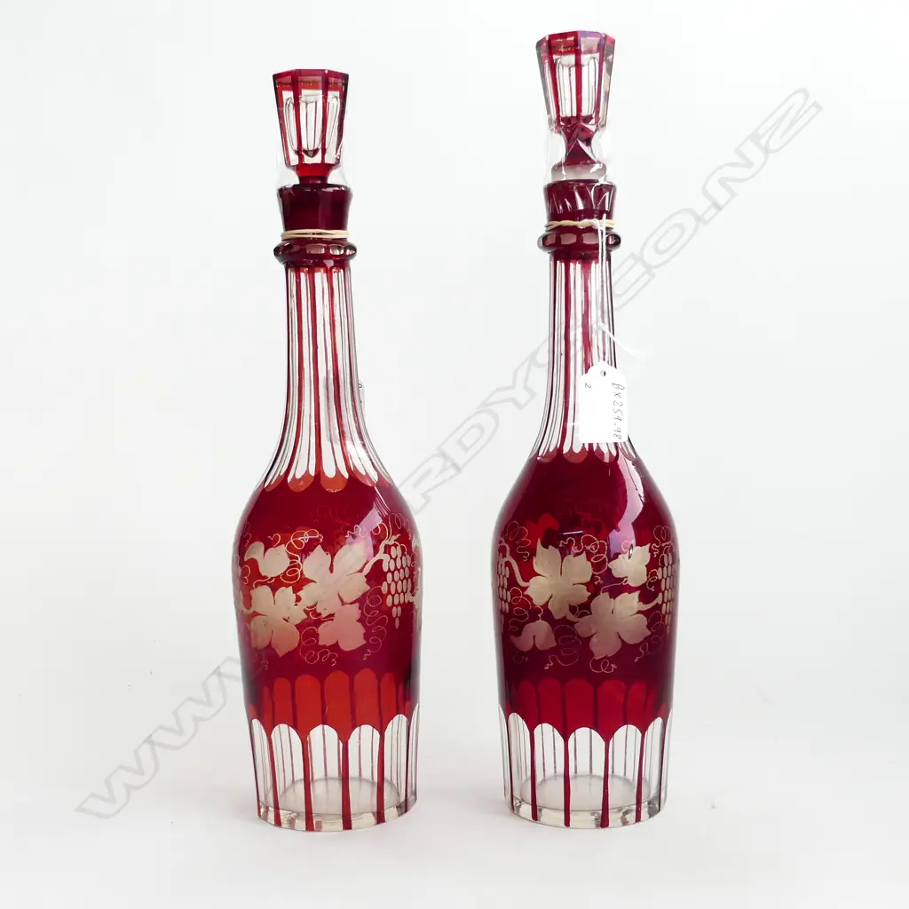 Two red glass decanters with red crystal grape overlay decorations, Image 1++
