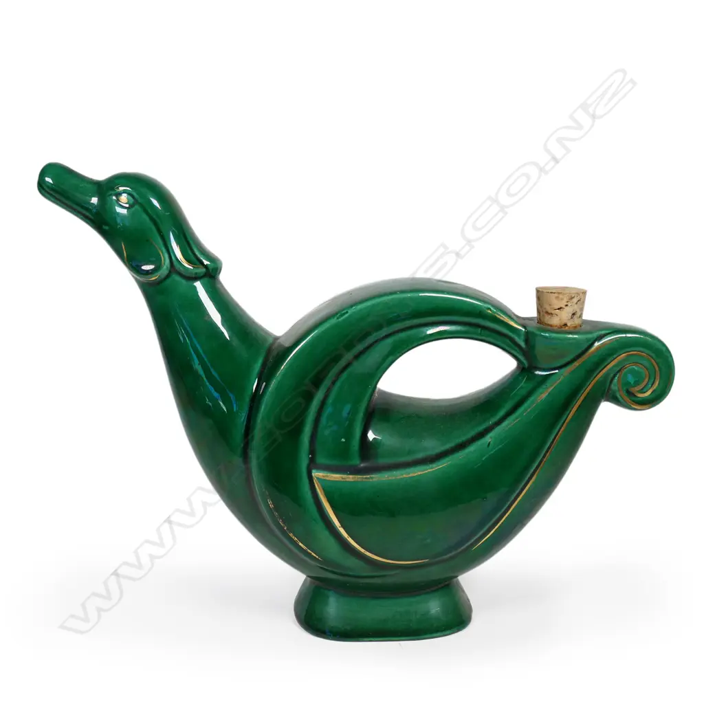 A vintage 'Garnier Liquer Enghien-Paris' green ceramic decanter. Image 1++