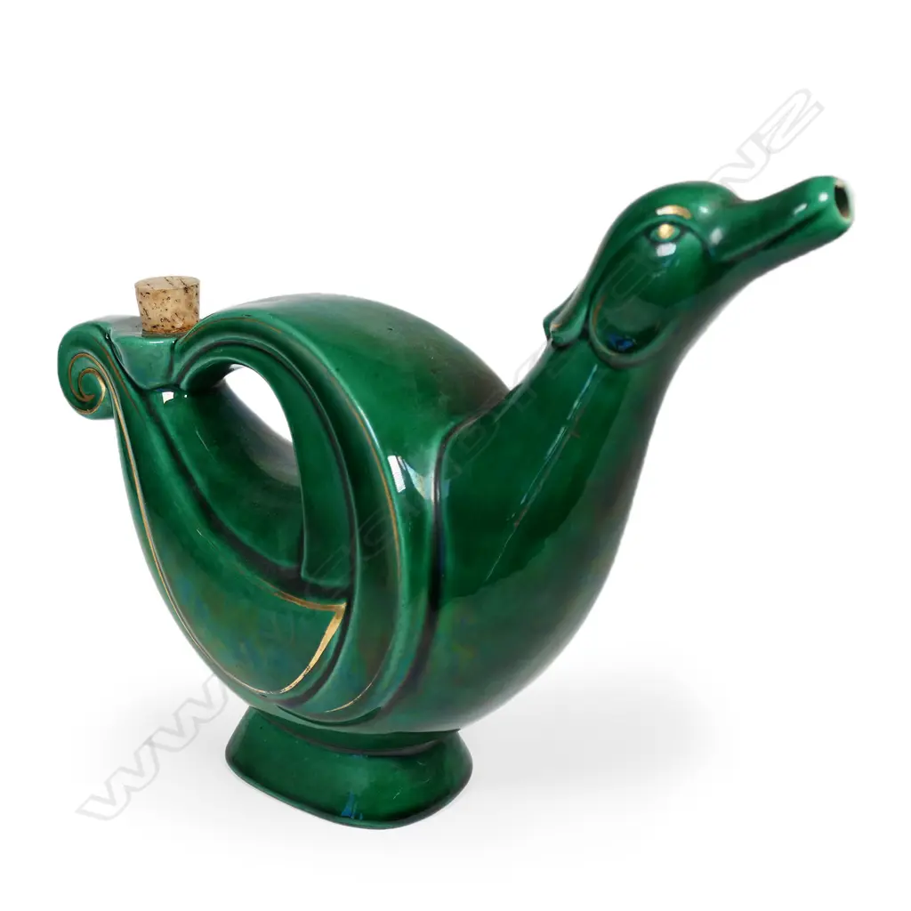 A vintage 'Garnier Liquer Enghien-Paris' green ceramic decanter. Image 1++