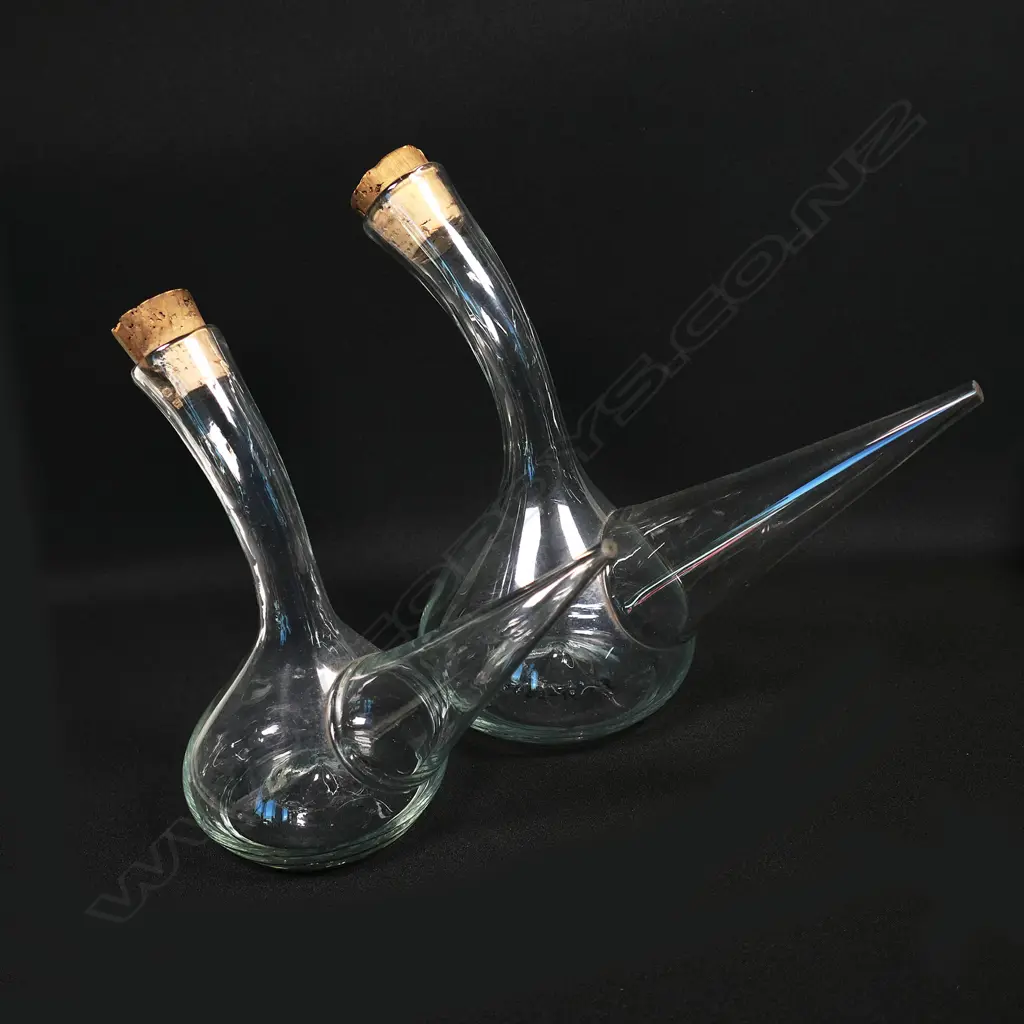 Two vintage hand-blown glass Porron wine pitcher decanters, Image 1++