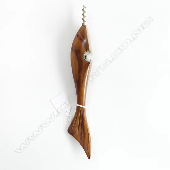 A wooden fish corkscrew bottle opener,