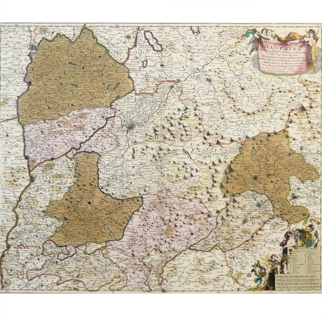 A large framed hand-coloured print depicting The Dauphine Valley in France, Image 1++