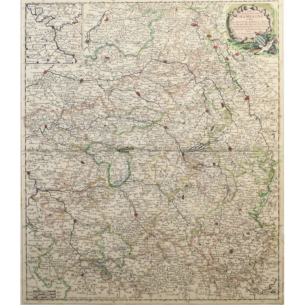 A large hand-coloured framed print depicting Champagne area of France, Image 1++