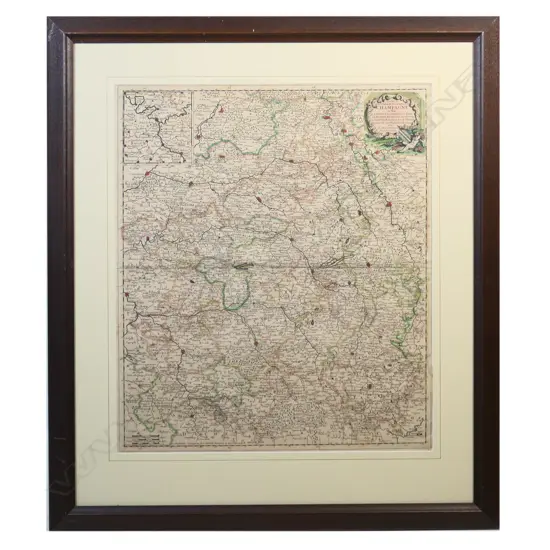 A large hand-coloured framed print depicting Champagne area of France,