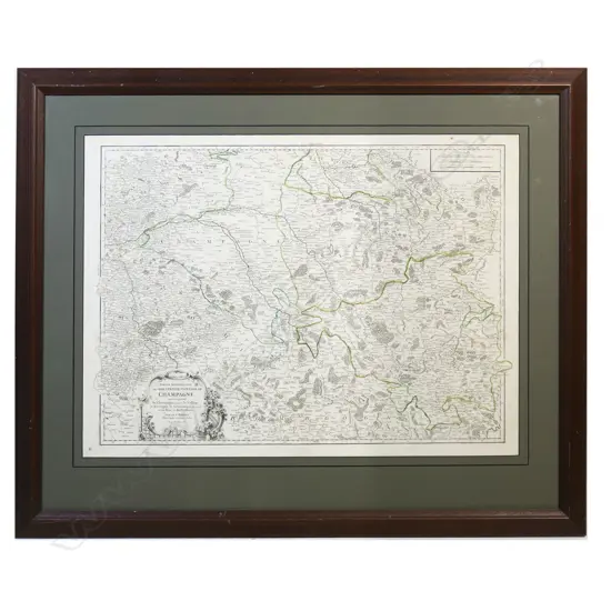 A large hand-coloured framed print depicting Champagne area of France,