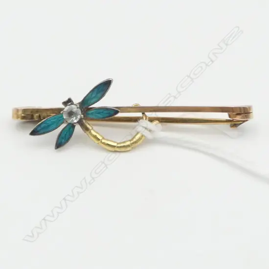 9ct GOLD ENAMELLED & GEM SET BROOCH 3.9gms