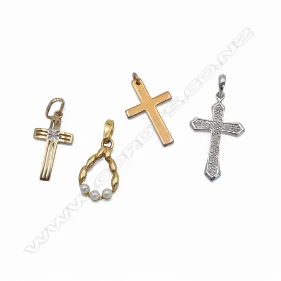 4 SMALL 9ct GOLD PENDANTS: 3 CROSSES ( 1 WHITE GOLD) + LOOP W 3 PEARLS