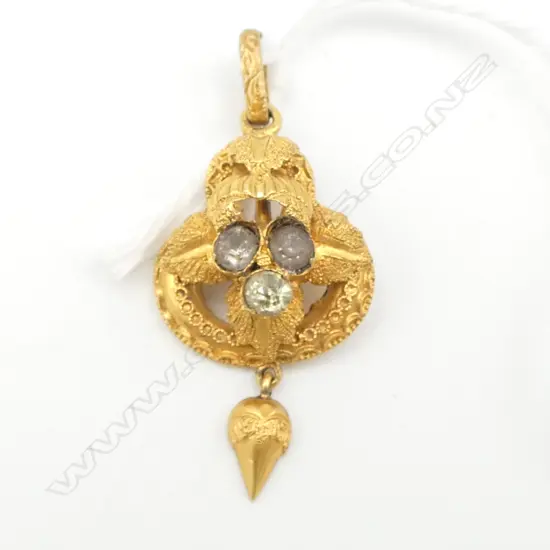 VICTORIAN 15ct GOLD PENDANT w acorn drop + 3 faux diamonds 1.93gms