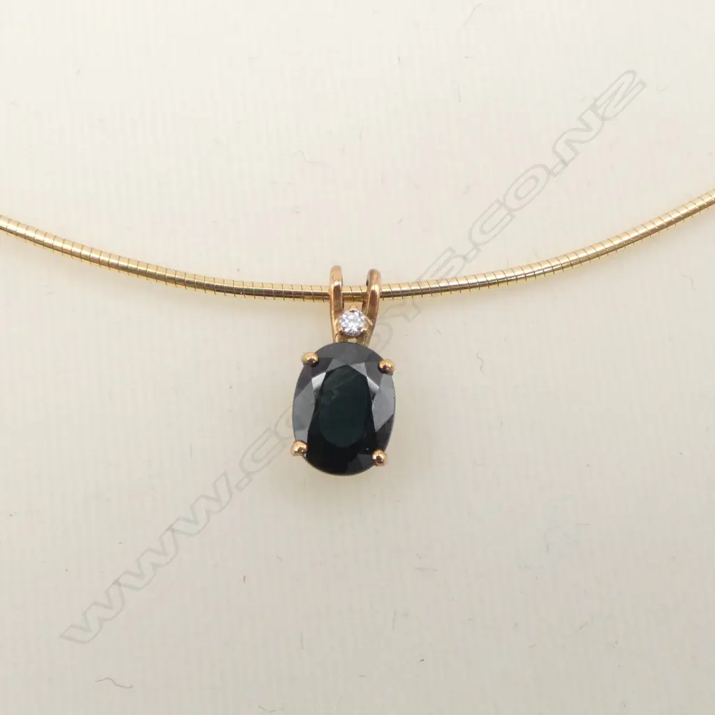 BOXED 14ct GOLD CHOKER NECKLACE with SAPPHIRE & DIAMOND PENDANT DROP in rose gold mount 5.4gms Image 1++