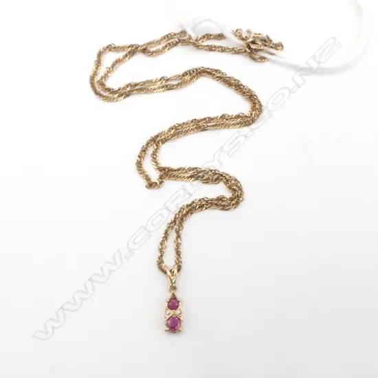 9ct RUBY DIAMOND PENDANT & CHAIN, 2.67gm, L.420mm