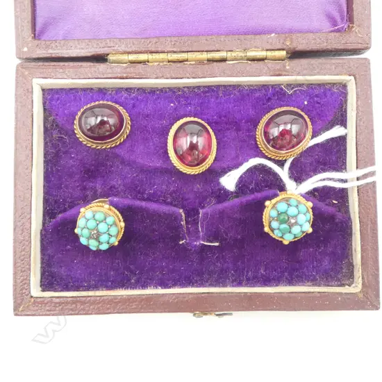 GOLD VICTORIAN SHIRT STUDS: 3 GARNET SET 5.3gms + 2 TURQUOISE & DIAMONDS 3.4gms. 8.7gms total includes stones