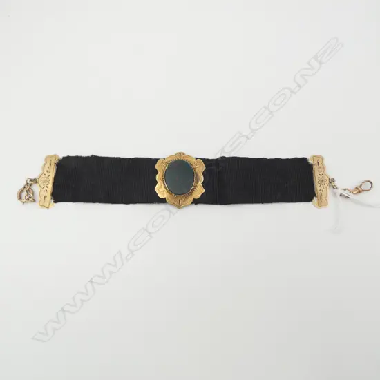 9ct GOLD & BLACK SILK WIDE RIBBON FOB WATCH CHAIN set w bloodstone 10.2gms total