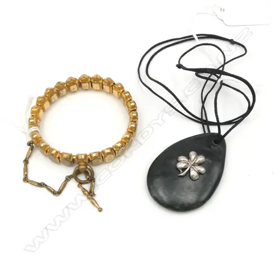 POUNAMU PENDANT w APPLIED SILVER CLOVERLEAF & VINTAGE GOLD PLATE EXPANDING BRACELET