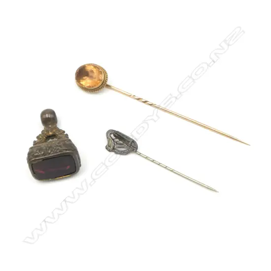 CASED ANTIQUE HARP & CITRINE? STICK PINS + FOB SEAL