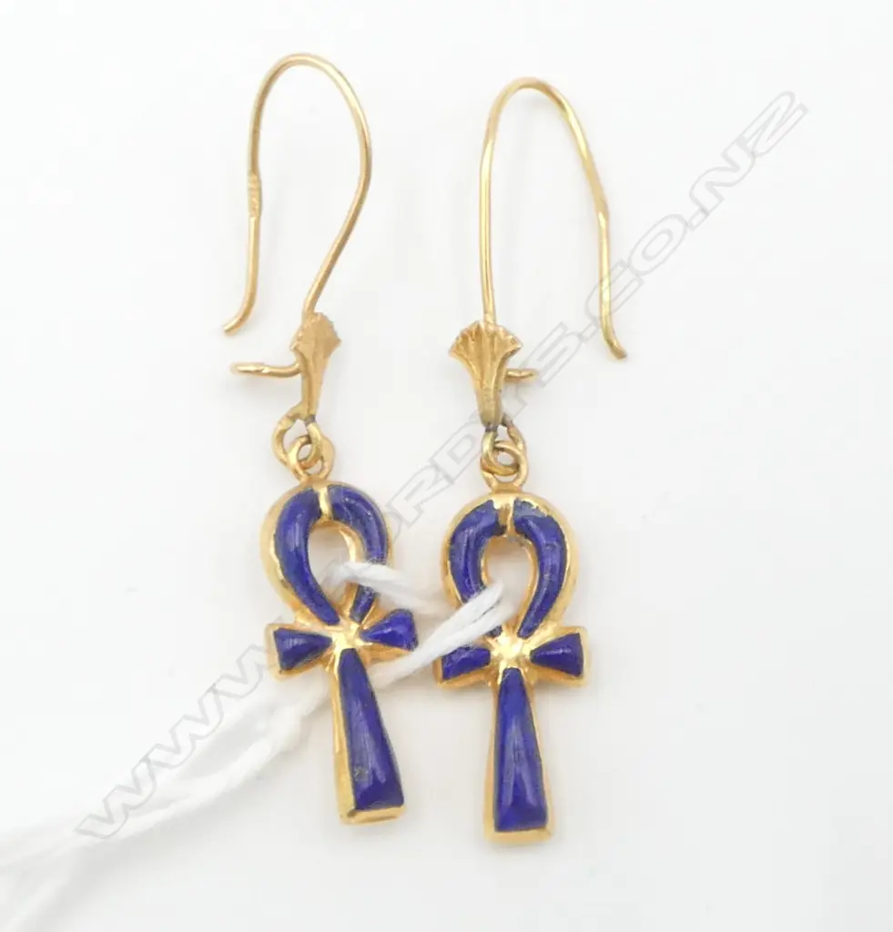 PR EGYPTIAN 18ct GOLD & blue enamel EGYPTIAN ANKH CROSS EARRINGS 1 w slight tiny enamel fault. 3.28gms  Image 1++