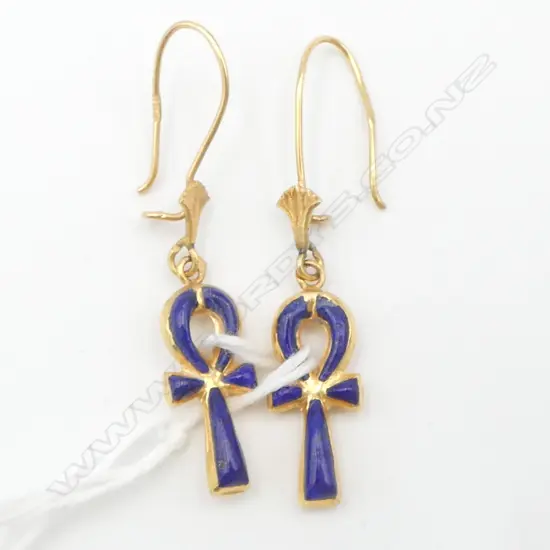 PR EGYPTIAN 18ct GOLD & blue enamel EGYPTIAN ANKH CROSS EARRINGS 1 w slight tiny enamel fault. 3.28gms 