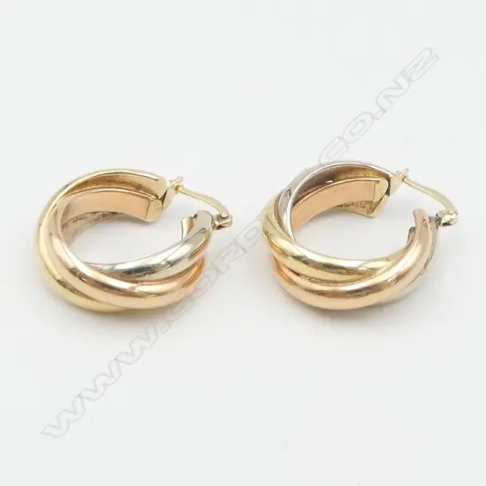PR 14ct GOLD TRI-COLOUR overlapping HOOP EARRINGS.7.34gms
