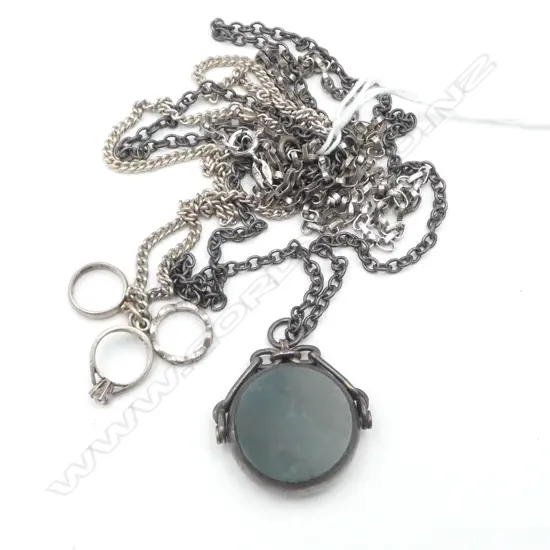 3 SILVER NECKLACES: 1 w bloodstone & carnelian spinner in silver frame.45gms