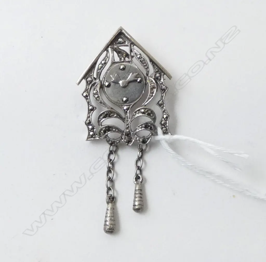 VINTAGE MARCASITE CUCKOO CLOCK BROOCH. Silvered Image 1++
