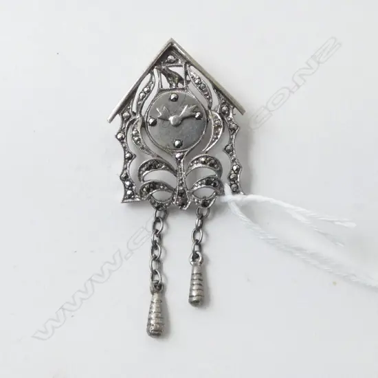 VINTAGE MARCASITE CUCKOO CLOCK BROOCH. Silvered