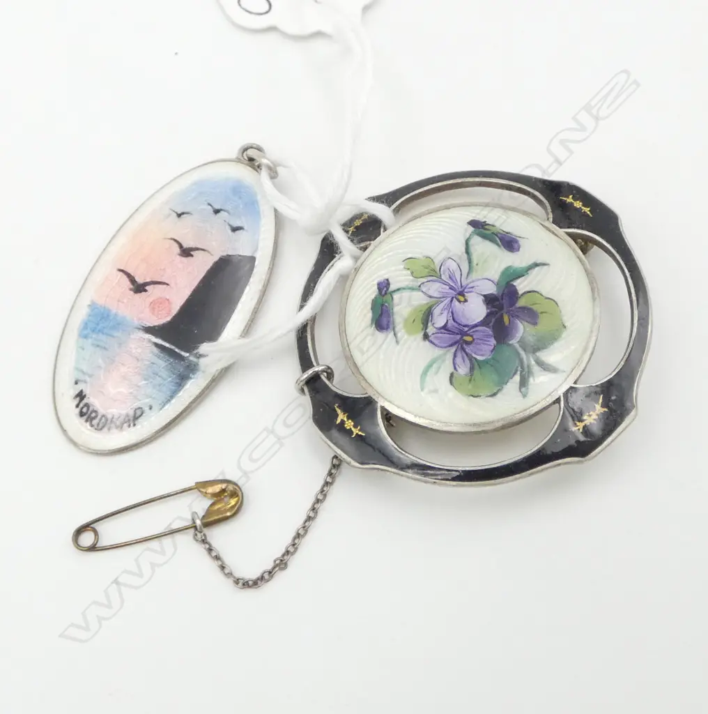 2 VINTAGE SILVER & ENAMEL JEWELLERY PCES: PENDANT 'Nordkap' (North Cape Norway) + Violets BROOCH Image 1++
