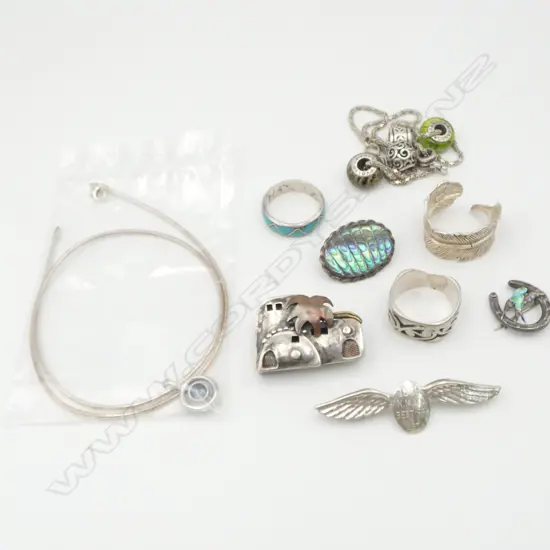 BAG STG SILVER feather & other RINGS + NECKLACES + WINGS BROOCH + PANDORA NECKLACE ETC