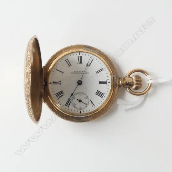 EARLY 20thC GOLD PLATE WALTHAM HUNTER POCKET WATCH mid size. Running