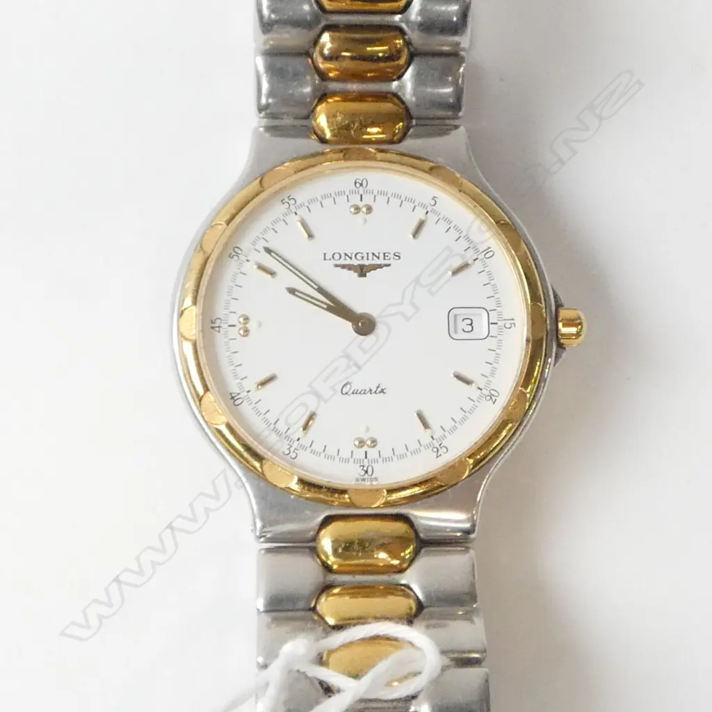 LONGINES GENT'S 'CONQUEST' QUARTZ WRIST WATCH white dial stainless & gold plate case & strap Image 1++
