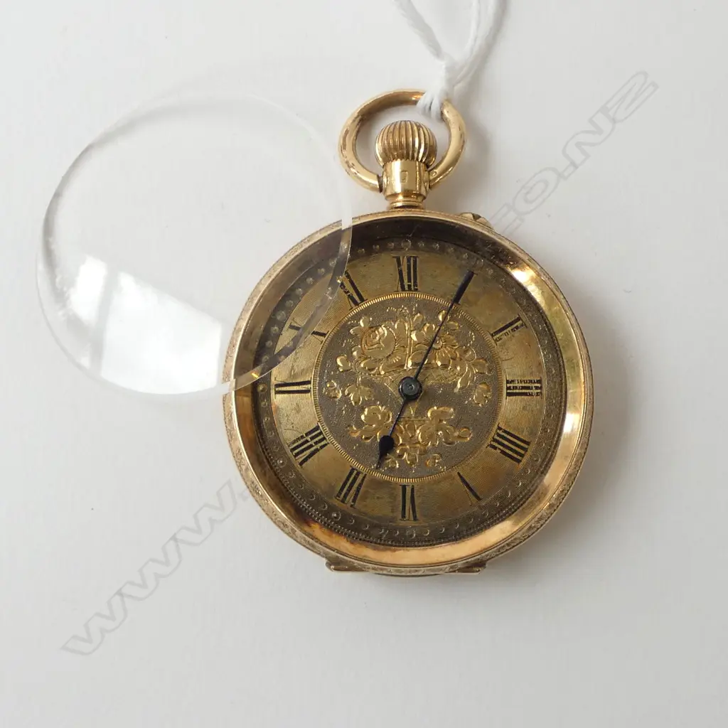 EARLY 20thC LADIES 18ct GOLD open face FOB WATCH internal dust cover plated. 32gms Image 1++