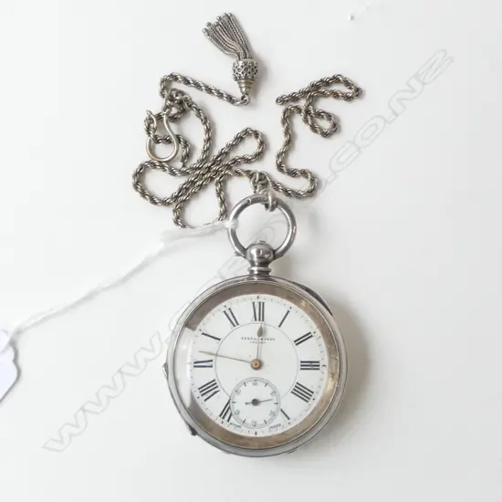 KENDAL & DENT SILVER C1900 lever quality POCKET WATCH open face w silver rope twist chain w 1 break + tassel
