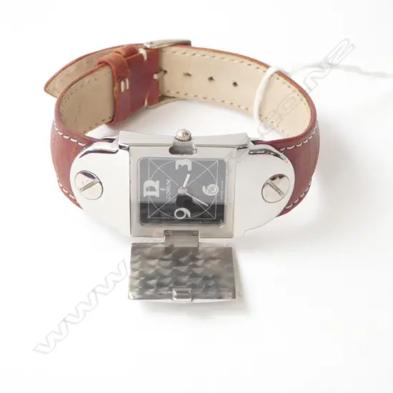 GENTS 'CORUM' SWISS MADE WRISTWATCH, unique 1990 prototype, hinged cover w enamel letter 'A', ID no.s, running