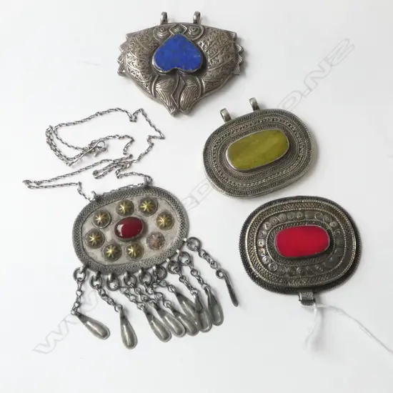 4 VINTAGE AFGHANI / TURKOMAN PENDANTS; SILVER METAL SEMI PRECIOUS STONES 60x70mm