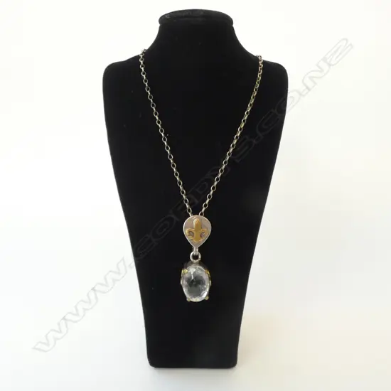 SUSPENDED SILVER FLEUR DE LIS & faceted CRYSTAL SET PENDANT ON M&W SILVER CHAIN