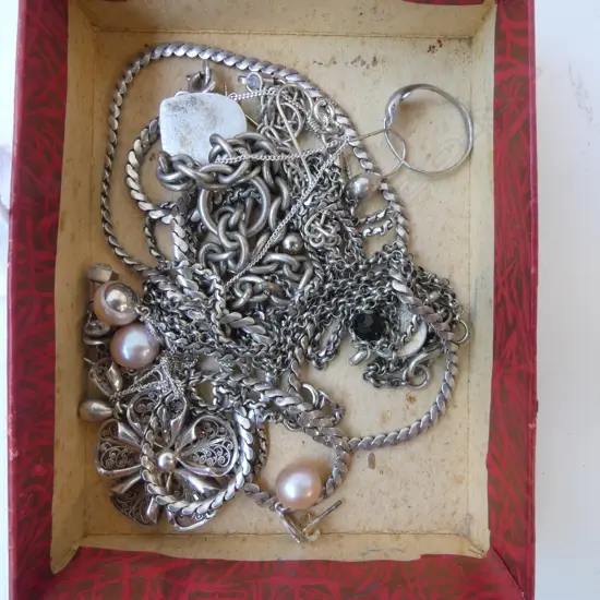 SILVER JEWELLERY: 4 NECKLACES + BRACELET + PRS of EARRINGS ETC