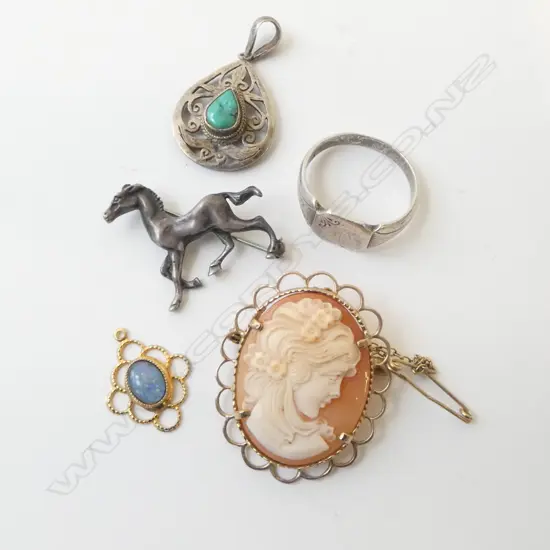 BAG JEWELLERY: SILVER FOAL BROOCH + RING + PENDANT & CAMEO + PENDANT
