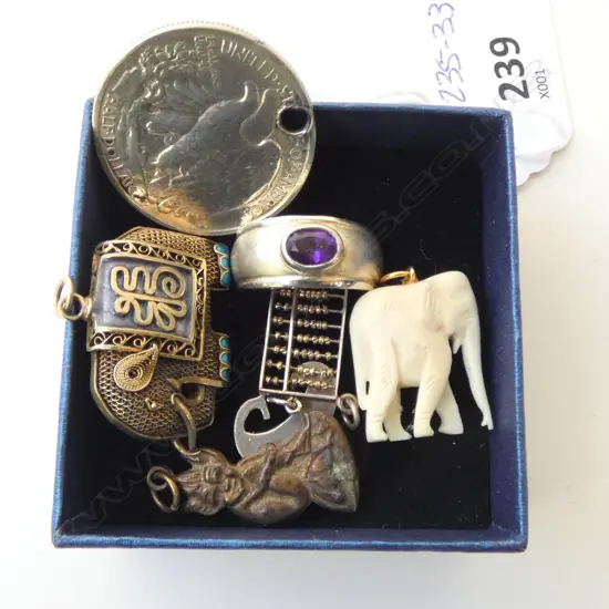 5 ASST. PENDANTS Incl. IVORY ELEPHANT, AMERICAN COIN + AMETHYST RING SIZE Q