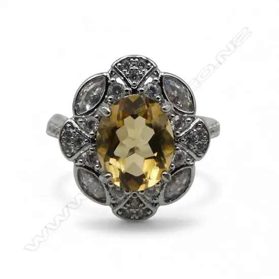 CITRINE & CZ DRESS RING, SILVER PLATED, AIG REPORT SIZE Q